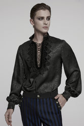 Black Stand Collar Long Sleeves Ruffle Embroidery Lace-Up Plunging Rose Men's Gothic Blouse